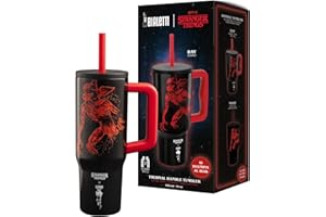 Bialetti Thermobecher mit Henkel Stranger Things, 900 ml – mit Strohhalmdeckel, leuchtet im Dunkeln, hält die Temperatur, nicht spülmaschinengeeignet, Rot