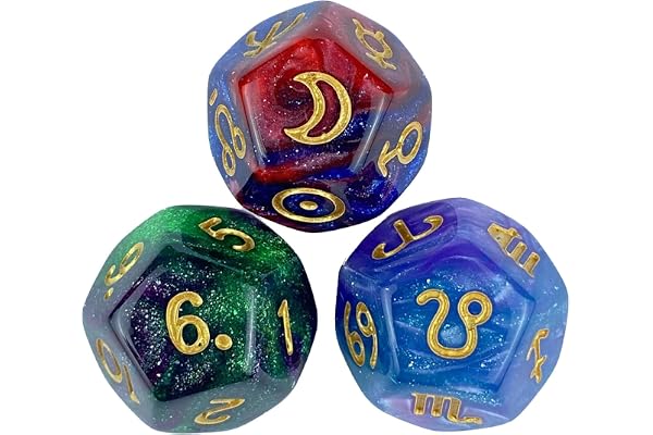 Lot de 3 dés astrologiques à 12 faces pour tarots, constellations, divinations, signes, planètes, chiffres, tarots, accessoires de cartes, tarots, constellations, divinations