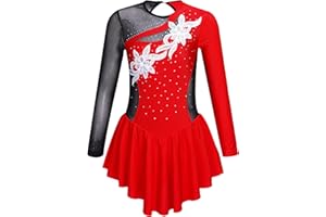 Freebily Fille Tenue Patinage Artistique Manche Longue Enfant Fleur Justaucorps Gymnastique Danse Latin Avec Culotte Strass Costume Competition Performance 5-16 Ans