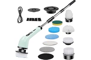 MEKOTRIN Brosse Nettoyage Electrique Rotative 9 en 1, Brosse Salle de Bain Nettoyage Rechargeable avec 9 Têtes de Brosse Remplaçables & Brosse Telescopique pour Salle de Bain Toilette(Vert)
