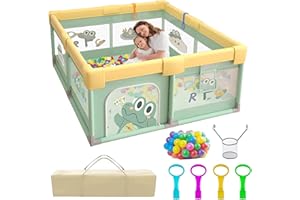 YELETY Playpen for Baby and Toddlers, 200 x 180cm Large Baby Playpen with a Basket, 60 Ocean Balls, 4 Pull Rings Play Pen Breathable Mesh, Kids Play Pens for Indoor Outdoor with Storage Bag-Crocodile