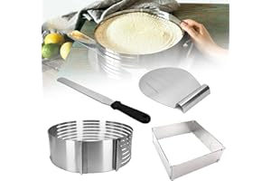 JACKFRU Anello regolabile per torte in acciaio inox, set da 4 pezzi, 24 – 30 cm, anello rotondo per torta + robusto stampo quadrato + tagliaporta + taglierina per torte + salvaporta