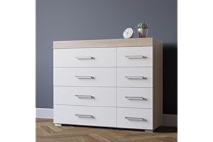 DRP Trading White & Sonoma Oak 4+4 Drawer Chest, Bedside Drawers, Ample Storage, Elegant Décor, Ideal for Bedroom Organisation, White Drawers, Silver Covered Handle, Easy to Assemble…