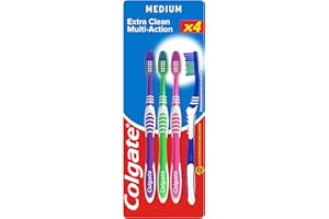 COLGATE - Brosse à dents Extra Clean Multi Action Médium - Brins Circulaires Anti-Taches - Nettoyeur Langue & Joues - Lot de 4 Brosses