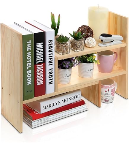 Adjustable Wood Desktop Shelf Organizer - Natural Wood Storage Rack For Office & Home