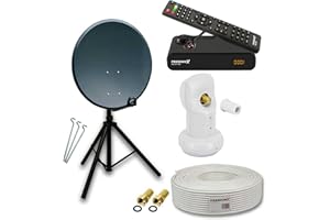 PremiumX Camping Satelliten-Komplettanlage 60cm Antenne Anthrazit SAT Single LNB Dreibein Stativ TV Kabel DVB-S2 HD Receiver