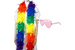 BAYMETY Rainbow Feather Boa And Heart Glasses,6.56Ft Colorful Feather Boa And Light Pink Heart Glasses Natural Turkey Feather Boa And baby pink Heart Glasses For LGBTQ Pride Parade Bachelor Birthday Carnival