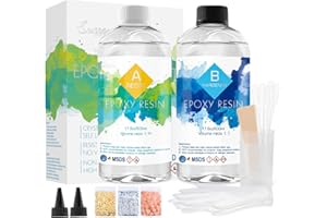 SUZZAM Epoxidharz Set 1L/35.2oz Epoxidharz mit Härter 1: 1 Verhältnis Glasklar Gießharz mit Goldfolie, Handschuh, Messbecher, Holzstäbchen, Pipetten, Tropfdüse Harz Gießen Set für Holz, Schmuckherstellung