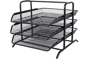 EasyPAG 3 Niveles Metal Malla Oficina A4 Escritorio Bandeja Documento Soporte Archivos Organizador Revistero Almacenamiento Papeles Clasificador Carta Estante Folios,Negro