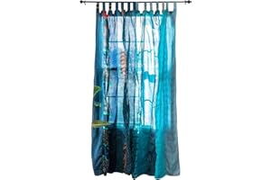 RAJBHOOMI HANDICRAFTS Indian Old Sari White Color Curtain Door Drape Window Decor Silk Sari Hippie Recycle Curtains, 210 x 105 cm (Turquoise)