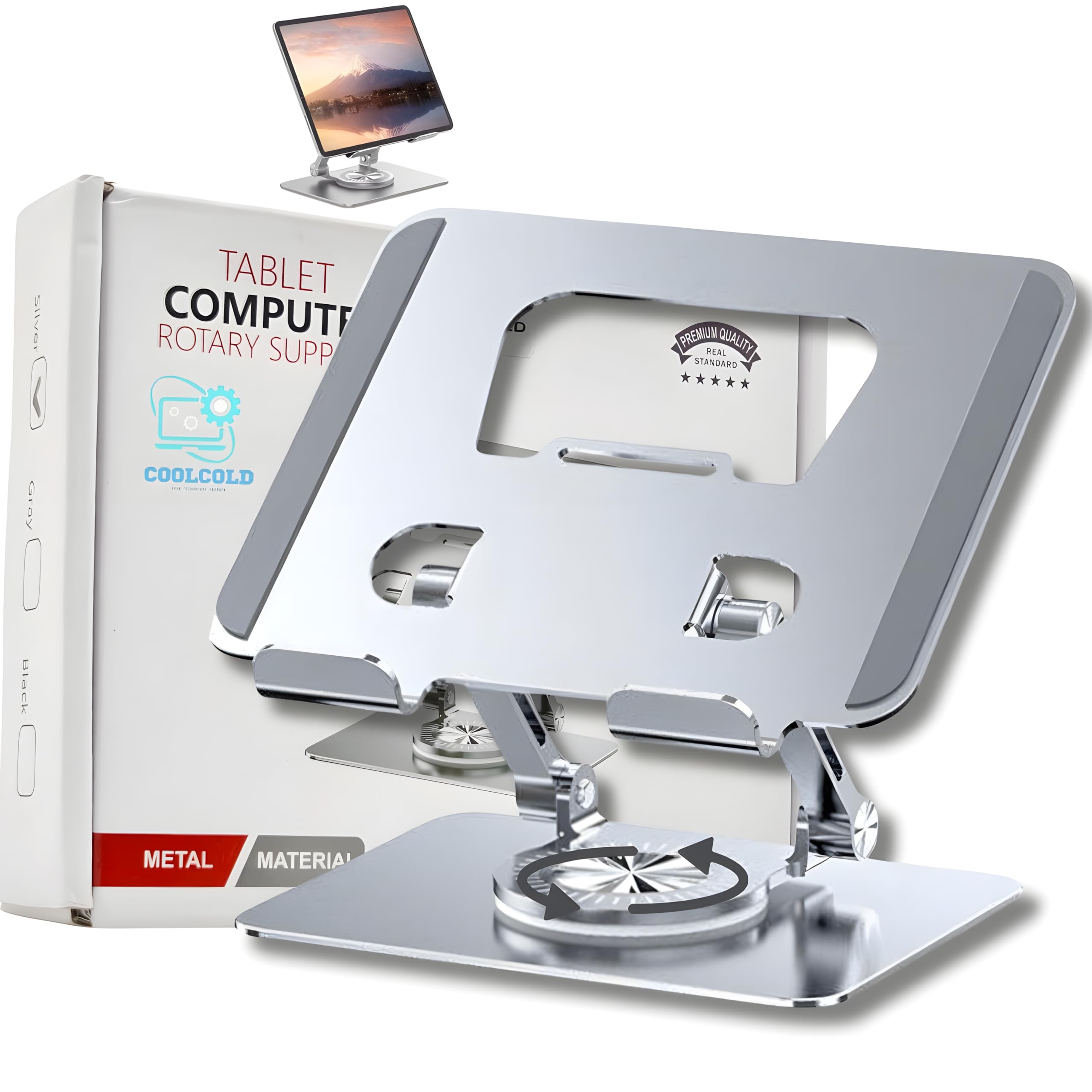 COOLCOLD Tablet Stand, 360 Rotating Portable Aluminum Adjustable Folding Tablet Stand Holder for I Pad, Tablet, Smartphones, Flexible Rotation Stand for Bad, Table, Office, Home Floor Stand (Grey)