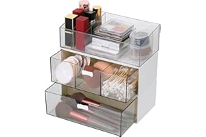 TranRantic 3 Stück Acryl Badezimmer Organizer, Kosmetik Organizer Set, Transparent Bad Schubladen Organizer, Schminktisch Organizer, Make Up Organizer für Kommode Bad (1 Fach+3 Fächer+Lippenstiftfach)
