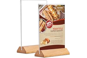Andchi Acrylique Présentoir de Table Porte Enseigne Menu Prix T-Shape avec base en bois pour Magasins Bureau Bar (verticale, A5)
