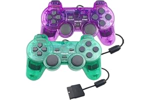 Hovlian Paquete de 2 controladores con cable PS2, gamepad de doble choque compatible con consola Playstation 2 (verde transparente y morado transparente)