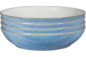 Denby - Elements Blue Pasta Bowls Set of 4 - Dishwasher Microwave Safe Crockery 1050ml 22cm - Blue, White Ceramic Stoneware Tableware - Chip & Crack Resistant