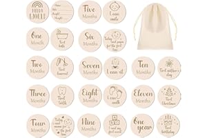 Katslyn 13Pcs Baby Monthly Wooden Cards,Baby Milestone Cards,10cm Round Double-Sided Hello World Baby Milestone Sign with Storage Bag,Baby Monthly Growth Milestone Cards Newborn Photography Prop