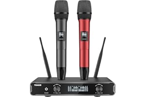TONOR Microfoni senza fili, Cordless Dual Handheld Dynamic Karaoke Singing Mic System con Ricevitore per Karaoke, Home KTV, Matrimonio, Festa, Chiesa, 2x5 UHF Frequenze Regolabili 60M Rosso e Grigio