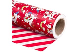 RUSPEPA Papier Cadeau De Noël Réversible - Mini Rouleau - 43,2 Cm X 10 M - Père Noël Rouge Et Licorne, Motif À Rayures Rouges Et Blanches Pour Vacances, Fête, Célébration