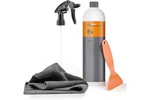 AUTOPFLEGE Klebstoffentferner Set | Koch Chemie Eulex 1l Klebereste Entferner + Sprühkopf + Mikrofasertuch+ Schaber | Entfernt Kleberückstände wie Aufkleber Etiketten von Glas Lack Metall | Etikettenlöser
