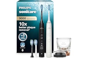 Philips Sonicare DiamondClean 9000 cepillo dental eléctrico, paquete doble, cepillo dental sónico con aplicación, sensor de presión, vaso de carga, negro y oro rosa, modelo HX9914/61