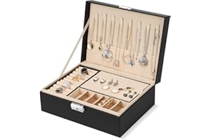 Hossejoy Jewellery Box Organiser, 2-Layer Lockable Jewellery Case Holder, PU Leather Jewellery Storage Display with Necklace Hangers Removable Dividers, for Necklace Earrings Rings Bracelets