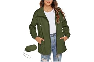 RLEHJN Veste Imperméable Femme À Capuche Veste De Pluie Légère Et Pliable Avec Fermeture Éclair Poches Vestes De Sport Couleur Unie Manteau Légère Et Respirant D'extérieur Pour Activités Plein Air