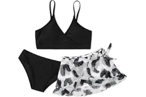 Savlot Girls Swimsuit 3 Piece Bathing Suits Floral Printed Bikini Set with Skirts Cover Up Girls Surfing Beach Swimwear