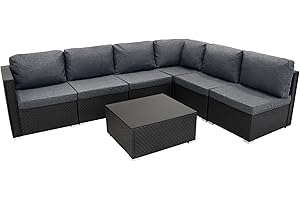 MONSTER SHOP Rattan Garden Corner Furniture Set Outdoor Premium 7 PC Black 5 Seater Modular Sofa Chairs With Cushions Glass Top Coffee Table UV Protected Metal Frame Patio Conservatory Lounge Seat FREE Rain Cover