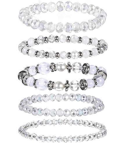 MOZAKA Set 30 Braccialetti Elasticizzati Con Perle Finte Bianche 6/8mm - Impilabili Per Donna, Damigelle, Matrimoni