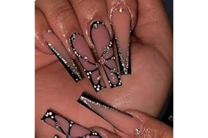 GlamRays Lange Sarg Schwarz Glänzend Vollumfängliche Akrylnägel Extra Lange Quadratische Rhinestone Falsche Nägel Mit Schmetterlings-Design Künstliche Ballerin Falsche Nägel