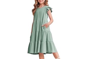 Arshiner Girls Dresses Ruffle Sleeves Summer Kids Cotton Casual Dress Round Neck Sleeveless Party Swing Festive Dress for Girls 4-14 Years
