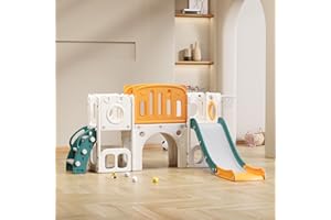 ‎HAINEW 6 in 1 Kinderrutsche Indoor und Outdoor für ab 1-5 Jahr, Kinder Spielplatz mit Rutsche, 2 Plattform, 2 Bodenschrankfächern, Basketballkorb und Treppe, Gartenrutsche (Grün+Orange)