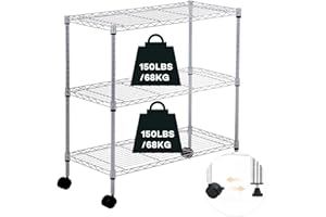 Actask Scaffale con Ruote, Scaffali a 3 Ripiani in Metallo con Piedini di Livellamento Regolabili per Cucina Bagno Garage Dispensa Piante Portaoggetti - 204 KG di Peso Massimo, Cromo