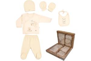 Ipeksi baby nyfödda babyset, 100 % naturlig bomull, första utrustning, utrustning, unisex, kläder, presentset, babyutrustning med 5 delar, för spädbarn 0–4 månader, Krämfärgad