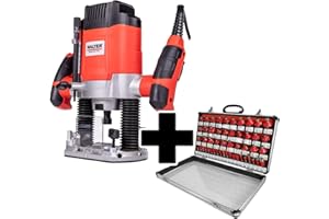 WALTER Oberfräse 1200 W mit Hartmetall-Fräsersatz 50 tlg, 55 mm Hubhöhe, Leerlaufdrehzahl 11.000-30.000 min-1, einstellbare Drehzahl, Staubsaugeranschluss, Fräsersatz 50 tlg, Aluminiumkoffer