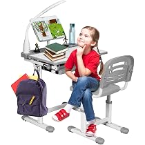 Bureau Enfant Ergonomique DREAMADE - Hauteur Réglable, Lampe Intégrée, Tiroir