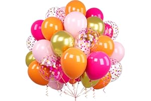 Ousuga Ballons Rose Orange, 60 Pièces 12 Pouces Métallique Chrome Doré Confettis Rose Vif Latex Ballon avec Ruban pour Filles Enfant Fête Anniversaire Baby Shower Mariage Baptême Hawaïen Décoration