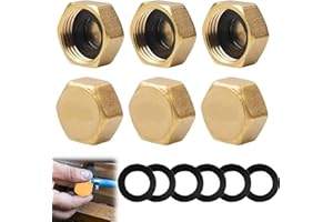EUJRCF 6 Pcs Brass Radiator Valve Caps with Sealing Tape, 19mm ID Plumbing Fittings, 23x11mm Copper End Caps, Hex Blanking Plug for Leak Prevention