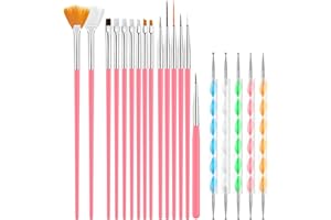 ELALOVE 20 Pièces Pinceau Nail Art Ongles, Pinceau Ongle Gel avec Dotting Tool,Pinceau Gel UV Construction,Pinceau Acrylique Ongle Pinceau Liner Nail Art Pour DIY Nail Art Designs-Rose