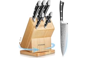 FOHERE Couteaux de Cuisine, Pivotant à 360 Porte couteaux, 6 Pièces Couteau Cuisine Professionnel, Acier Inoxydable Haut Carbone, Bloc à Couteaux A uto Affûtant, Avec Support Pour Téléphone Portable