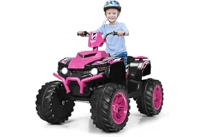 GYMAX Kids Electric Quad Bike, Children Ride On ATV with Bluetooth, Lights, Music, Horn, High/Low Speeds and Slow Start, 12 V Battery Powered Toy Car for 3-7 Years Boys Girls (Pink)