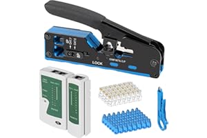 SHTALHST RJ45 Crimp Tool, Passthrough RJ45 Ethernet Crimping Tool CAT5 Cat5e Cat6 Cat7 All-in-One Kit with 50pcs CAT6 Passthrough, 50pcs RJ45CAT6 Protective Cover, Network Cable Tester, Mini Cable Stripper