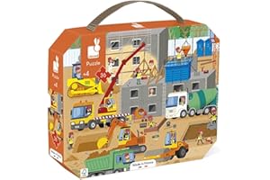 Janod - Puzzle Enfant Le Chantier 36 Pièces - Jeu Educatif Motricité Fine et Concentration - Valisette Poignée - Fabriqué en France et Certifié FSC - Dès 4 Ans, J02604