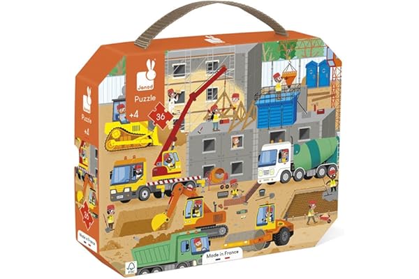 Janod - Puzzle Enfant Le Chantier 36 Pièces - Jeu Educatif Motricité Fine et Concentration - Valisette Poignée - Fabriqué en France et Certifié FSC - Dès 4 Ans, J02604 - Multicolore