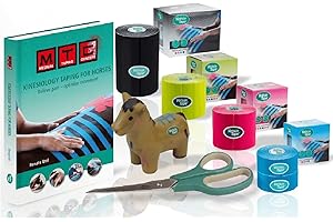 Vetkin Tape Kit Introduzione Equino | Nastro Kinesiologia Equina | Libro di Taping per Cavalli | 3 Dimensioni di Nastro Kinesiologia Veterinaria | Forbici Premium
