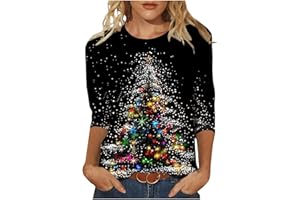 GENERIC Christmas Jumpers for Women UK Plus Size 8-24 Glitter Xmas Tree Print 3/4 Sleeve Tops Cotton Crewneck Pullover Blouse Dressy Casual Tunic T Shirt Ladies Xmas Sweatshirts