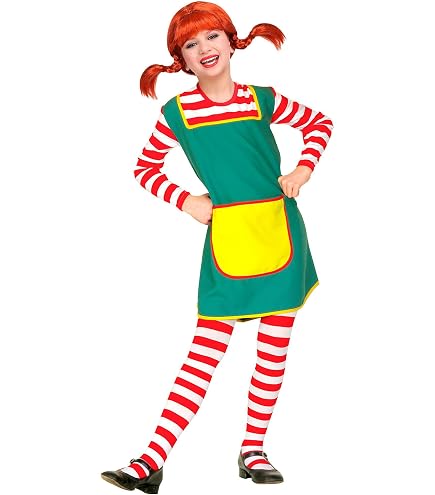 Costume Di Carnevale Pippi Calzelunghe Per Bambina - Vestito, Parrucca E Calze A Righe Rosse - Travestimento Completo Per Halloween E Feste A Tema - 5