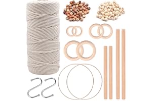 ‎CSYY Makramee Set für anfänger, 115 DIY Makramee Zubehör Selbermachen Traumfänger Hängender Korb, Natürliche Makramee Garn 3mm x 100m,100 Holzperlen, 4 Holzstäbchen,6 Holzringe,2 Metallring,2 S-Haken