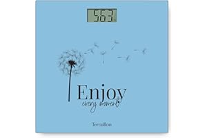 Terraillon Pèse personne ONE PASTEL - ENJOY- Compact et ultra plat 27cm x 27 cm-Plateau verre-Ecran LCD-Capacité 160Kg-Graduation 100g -Sérigraphie Bleu Clair