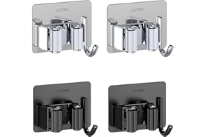 M JINGMEI Accroche Balai Mural, 4 Pièces, Support Auto-adhésif avec Crochets, Idéal pour Cuisine, Garage, Jardin et Salle de Bain (Noir et Argent)